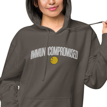 Load image into Gallery viewer, Embroidered IMMUNOCOMPROMISED Unisex Black pigment-dyed hoodie
